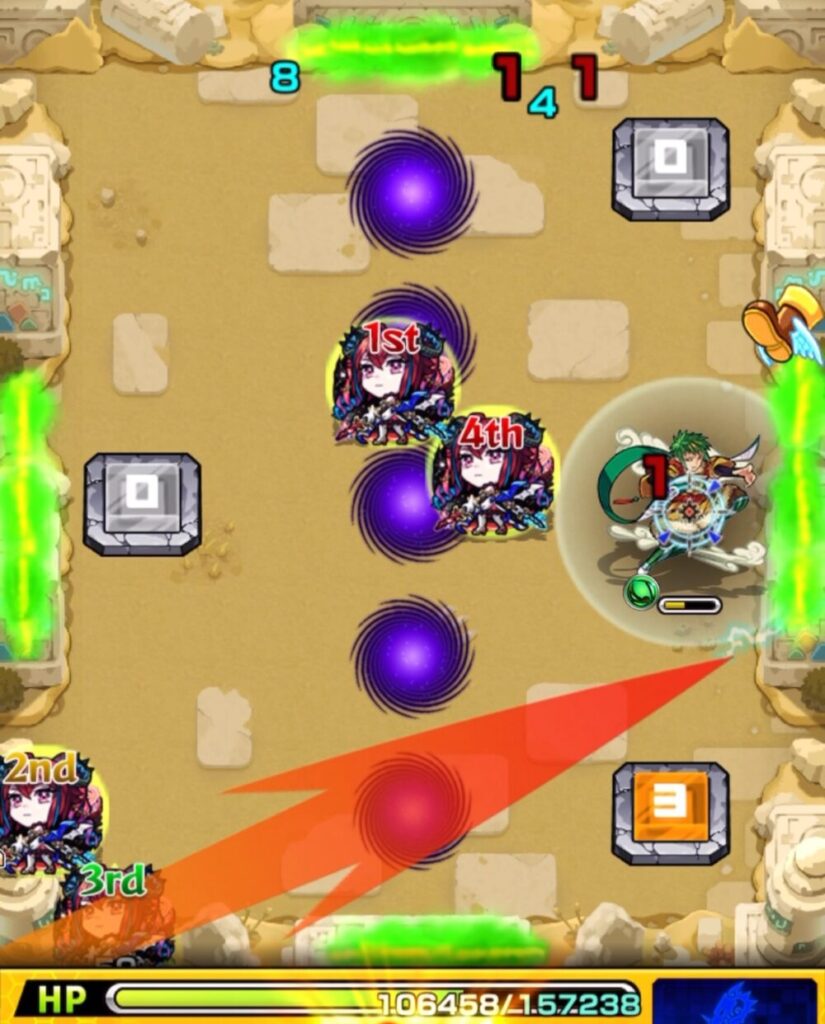 未開の砂宮・拠点23 ステージ3の3手目。右壁とジライヤのあいだを狙って弾くも挟まりきらなかったが、攻撃が当たり処理に成功した場面のスクリーンショット。