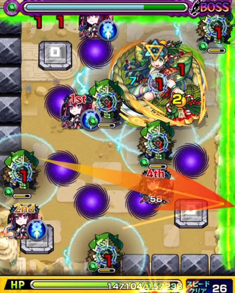 未開の砂宮・拠点23 ボスステージ1の1手目。サムライを処理しつつ、偶然ボスの弱点と壁のあいだに挟まり大ダメージを与え、1手で突破に成功した場面のスクリーンショット。