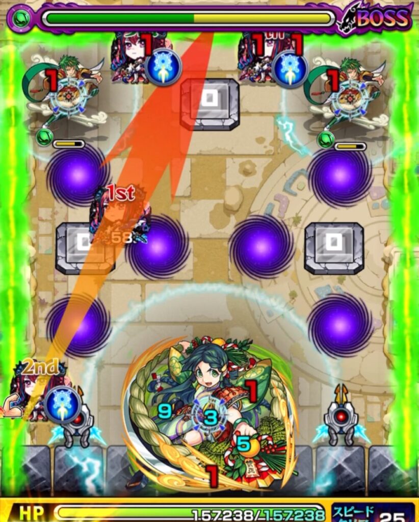 未開の砂宮・拠点23 ボスステージ2の1手目。蘇生されるビットンを無視しつつ回復しながらジライヤを攻撃する狙いだったが、ビットンと壁のあいだに挟まり思うようにダメージを与えられなかった場面のスクリーンショット。