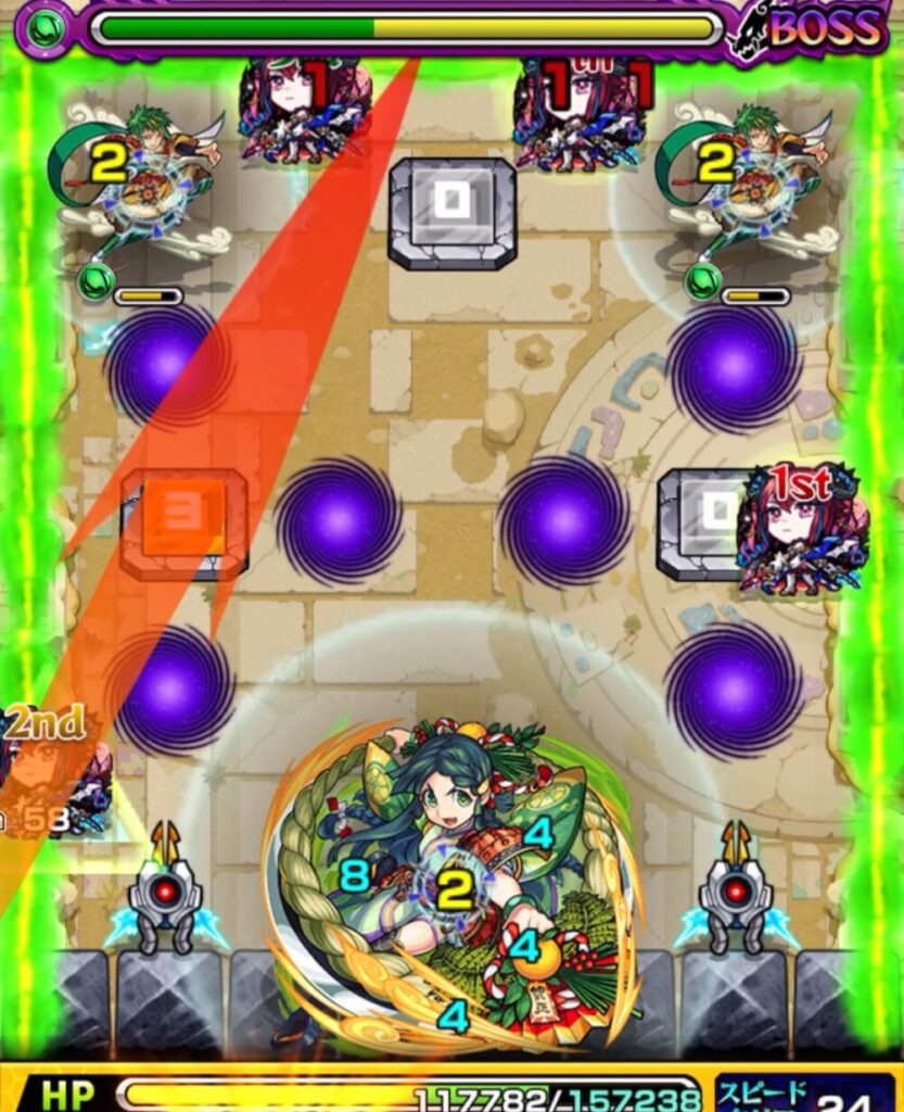 未開の砂宮・拠点23 ボスステージ2の2手目。ウォールチェンジパネルで回復しつつ弾き、左上のジライヤを確実に処理した場面のスクリーンショット。