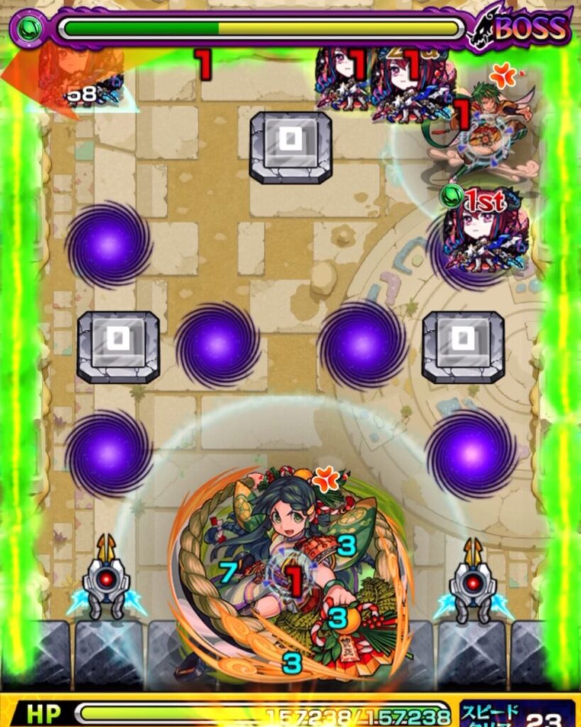 未開の砂宮・拠点23 ボスステージ2の3手目。ウォールチェンジパネルで回復しながら弾き、残りのジライヤを処理した場面のスクリーンショット。