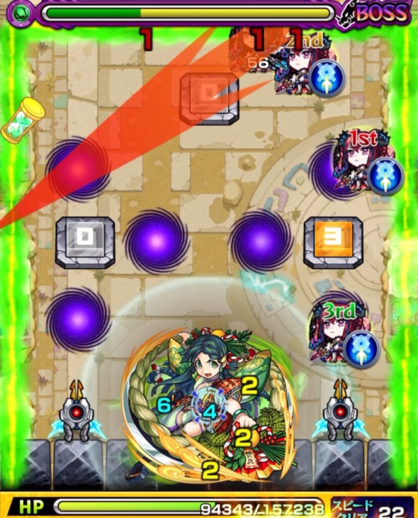 未開の砂宮・拠点23 ボスステージ2の4手目。ビットンとボスのあいだを狙うが最初は挟まれず、3反射しながらパネルで回復しつつ最終的に挟まりに成功してボスを撃破した場面のスクリーンショット。