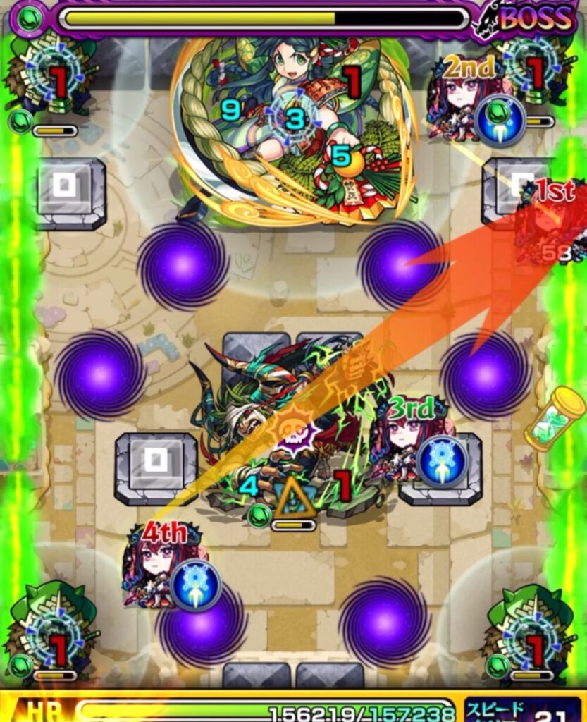 未開の砂宮・拠点23 ボスステージ3の1手目。2ターン目にヴリトラのHP4割合攻撃が来るため、右上と左上のサムライを初手で確実に処理し、危険ターンに備えている場面のスクリーンショット。