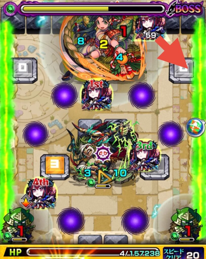 未開の砂宮・拠点23 ボスステージ3の2手目。割合攻撃でHP4の状態からパネルで回復しながら弾き、下段のサムライ2体の処理に成功した場面のスクリーンショット。