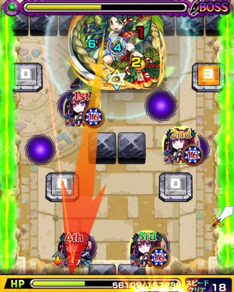 未開の砂宮・拠点23 ボスステージ3の4手目。方向反転状態で弾く方向に注意しつつ、ウォールチェンジパネルで回復しながらボスへダメージを与えている場面のスクリーンショット。