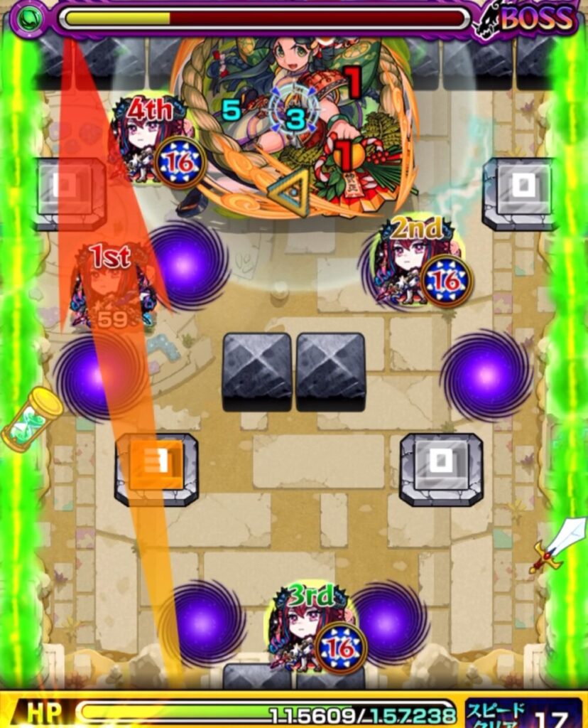 未開の砂宮・拠点23 ボスステージ3の5手目。ウォールチェンジパネルで回復しつつ、ボスの弱点とブロックのあいだを狙って弾き、左側で大ダメージを与えてボス撃破に成功した場面のスクリーンショット。