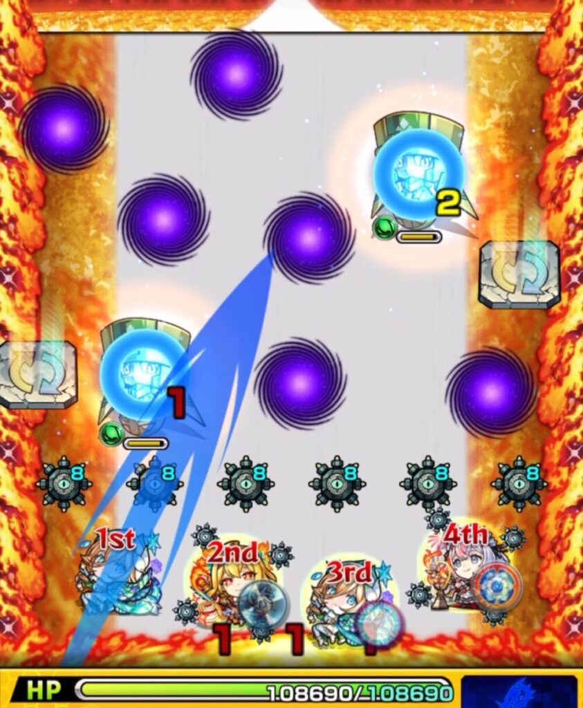 モンスト超究極アンチノミーのステージ1・1手目。貫通でハンシャインに触れて防御ダウンを付与し、撃種変化パネルで反射化して左下のハンシャインを処理した場面のスクショ。
