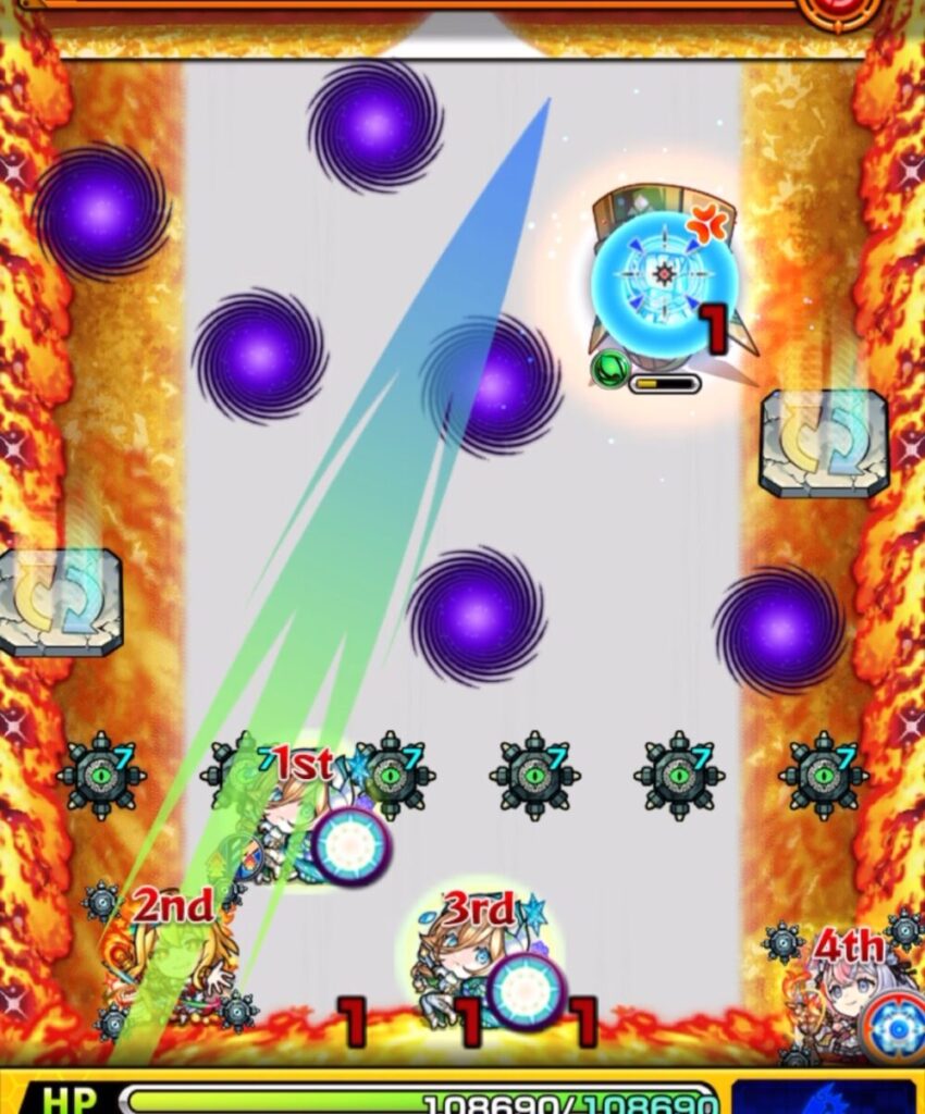 モンスト超究極アンチノミーのステージ1・2手目。残ったハンシャインに触れて防御ダウンを付与し、そのままダメージを与えて処理している場面のスクショ。
