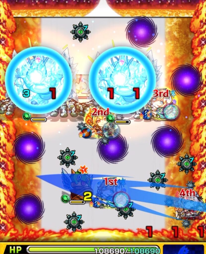 モンスト超究極アンチノミーのステージ2・2手目。はやリンの加速で薄い角度を上がり、ヨトゥン2体に防御ダウンを付与。撃種変化パネルで反射化して間に挟まり、相互蘇生のヨトゥンを同時処理した場面。
