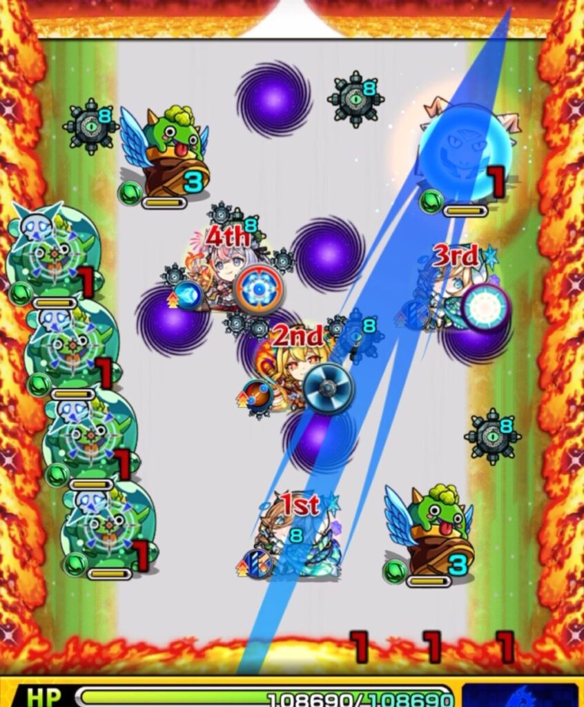 モンスト超究極アンチノミーのステージ3・1手目。ゾンビに防御ダウンを付与し、はやリンを経由してぷよリン4体を同時処理。爆弾をまとめて投下して、1手でゾンビの撃破に成功した場面。
