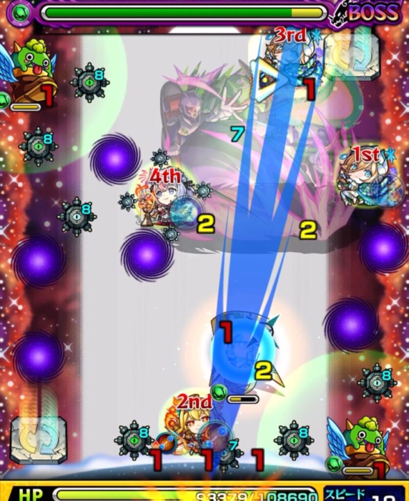 モンスト超究極アンチノミーのボス2・2手目。残ったハンシャインに触れて防御ダウンを付与し処理。クロスドクロが発動し、透過していたボスが実体化して登場した場面。
