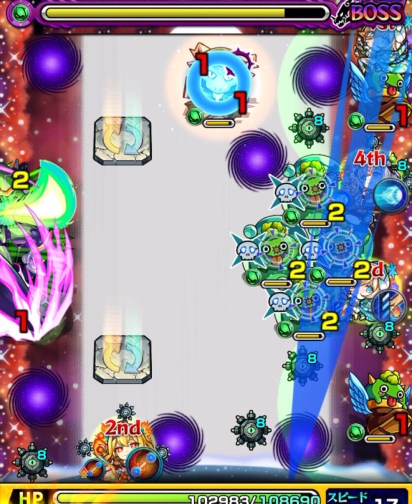 モンスト超究極アンチノミーのボス3・1手目。はやリン経由でぷよリン4体を同時処理し、ゾンビに防御ダウンを付与。投下された爆弾でゾンビを処理し、ドクロ発動でボスが登場した場面。
