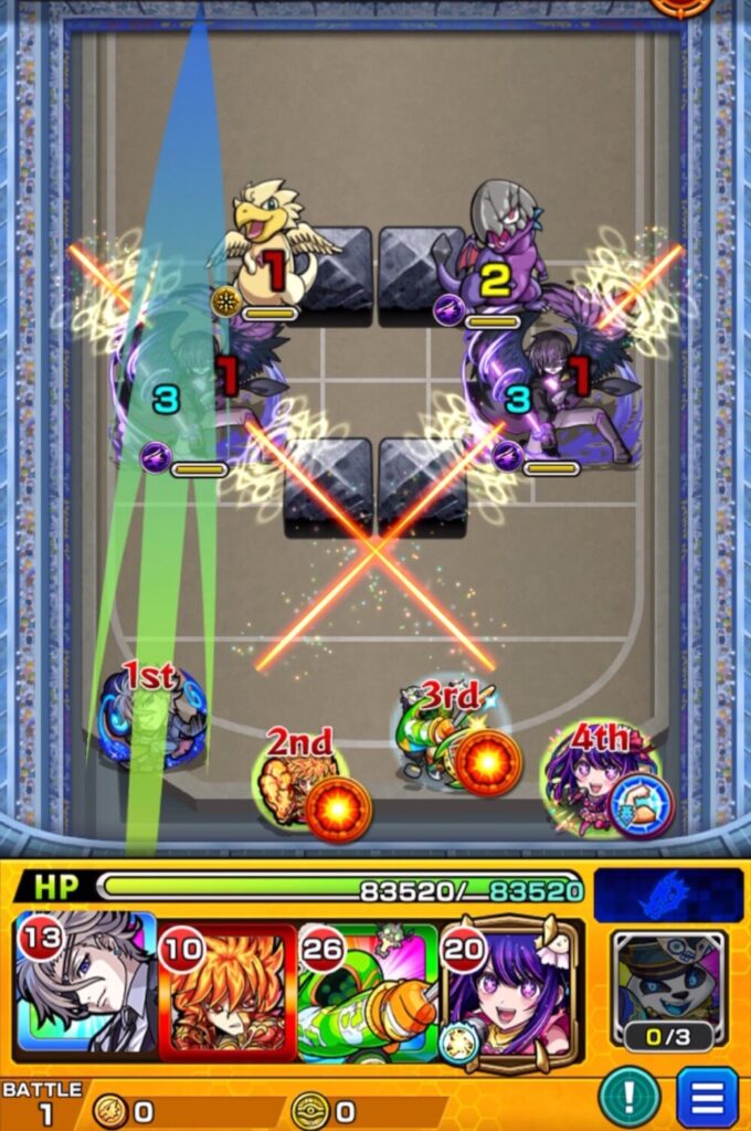 ステージ1の1手目。上部の縦ラインを狙って弾き、2手目のキャラに触れて友情を発動。雑魚を処理しながら、4手目のB小町アイに攻撃力アップバフを付与する配置取りの解説画像。