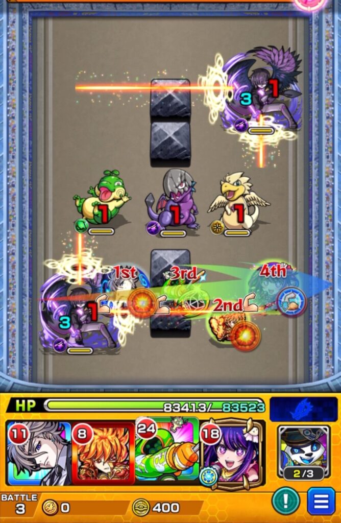 ステージ3の1手目。B小町アイに触れて友情を発動し、雑魚敵をまとめて処理する動きを説明した解説画像。1体残っても、そのままB小町アイに触れる手順で進行できる点を示している。