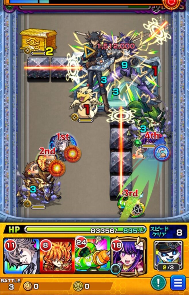 ステージ2クリア後、ボスが出現した直後の画面。B小町アイに触れて友情を発動し、そのままボスをワンパン撃破する動きを説明した解説画像。