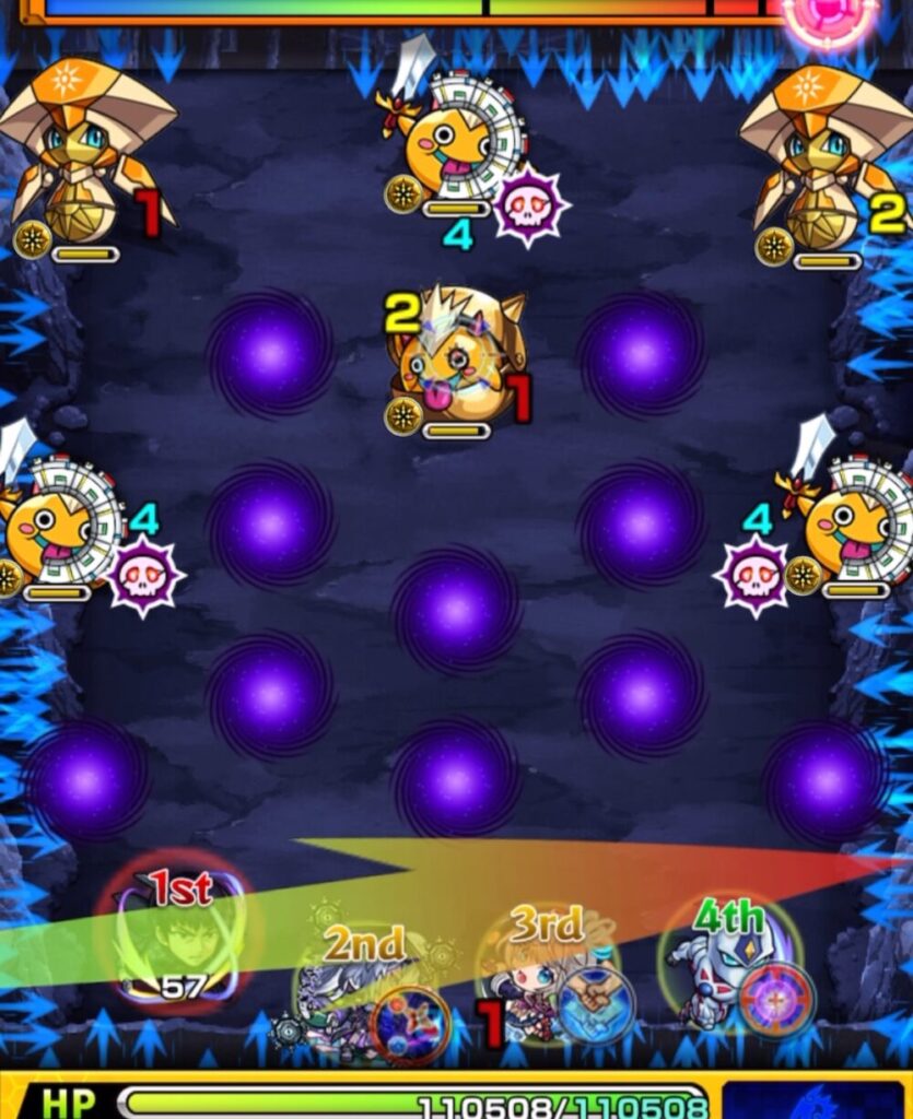 超究極・覇王十代のステージ1。1手目で剣リンにふれて攻撃力アップを付与し、天使を呼び出しながら、左上のハンシャインを含む複数の敵へダメージを与えている場面。