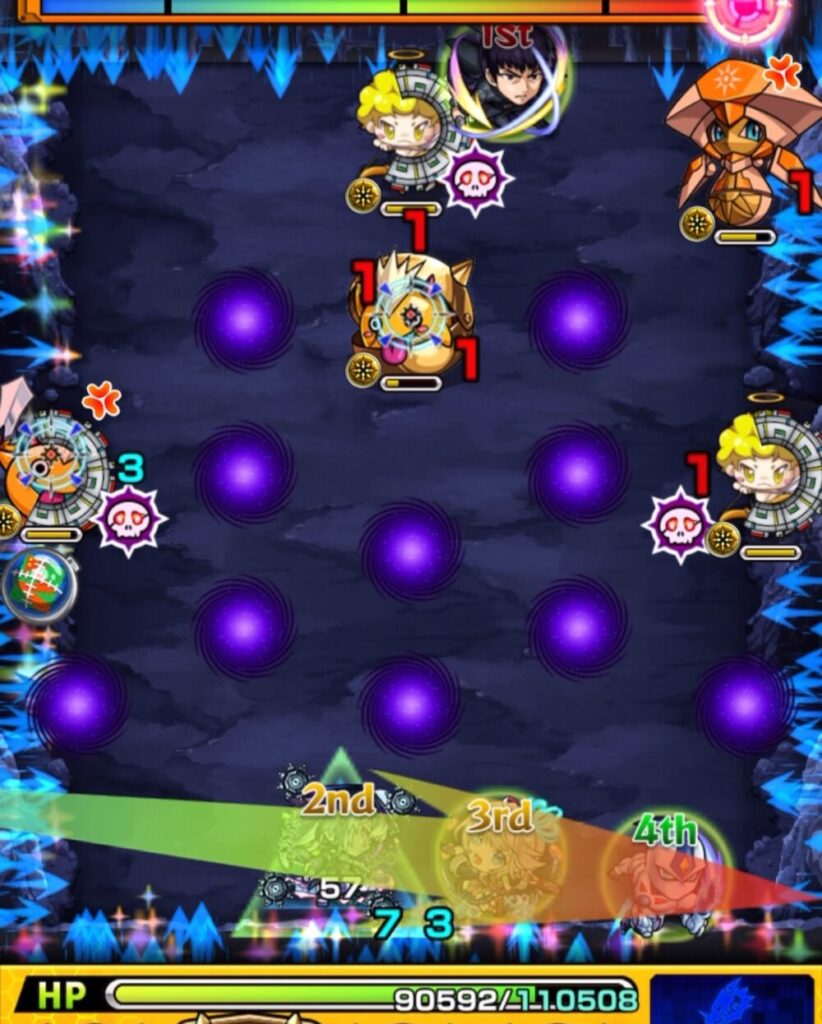 超究極・覇王十代のステージ1。2手目でディレクションガードの向きを調整し、剣リンを誤って倒さないようにしつつ、ハンシャインへダメージを与えている場面。