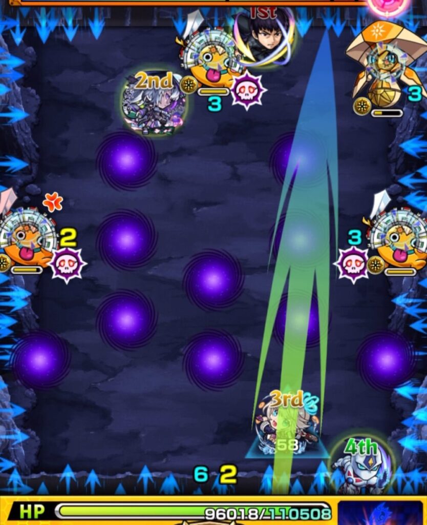 超究極・覇王十代のステージ1。3手目で剣リンに触れて攻撃力アップを得た後、ハンシャインへダメージを与え、最終的に友情コンボで処理してステージを突破した場面。