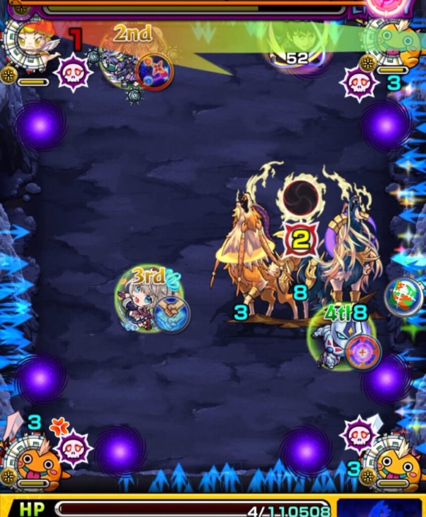 覇王十代・超究極のステージ2。2手目で剣リンに触れつつHWで回復を行いながら、中ボスへダメージを与えている場面。