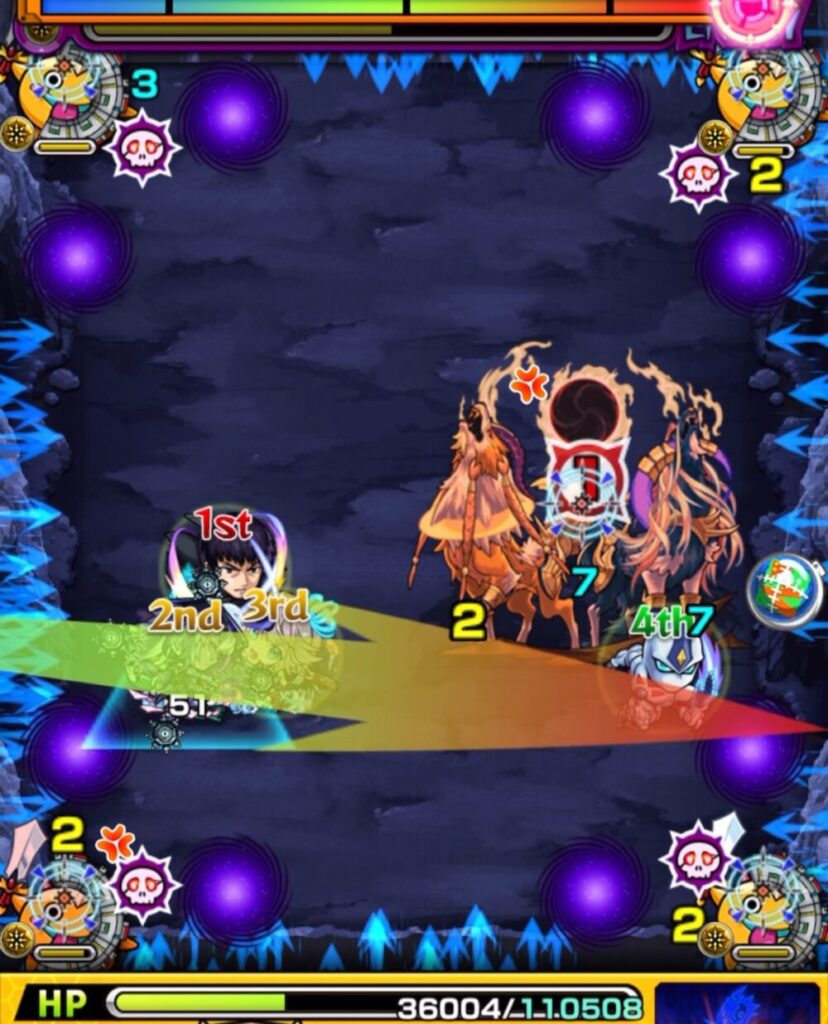 超究極・覇王十代のステージ2。HPが少ない状況で、次のターンに回復へ向けて剣リンを2体処理し、中ボスへもダメージを加えている場面。