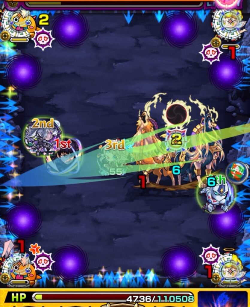 覇王十代【超究極】ステージ2の4手目。剣リンに触れて攻撃力を上げながら中ボスへダメージを与えるショット。天使を残して回復手段を確保しつつ、次ターンの強攻撃に備えて安全に立ち回っている場面。