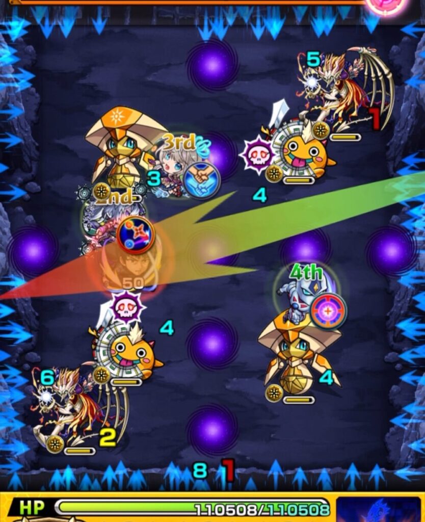 覇王十代【超究極】ステージ3の1手目。剣リンに触れて攻撃力アップを得つつ、エビルインライトと壁の隙間を狙って弾き、イレバンしながらもハンシャインの処理に成功した場面。