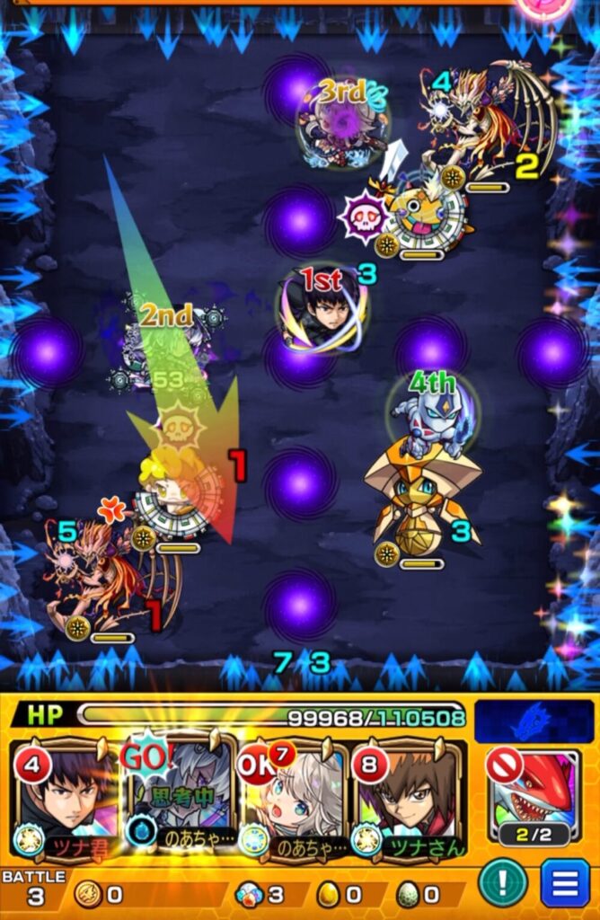 覇王十代【超究極】ステージ3の2手目。いろはのSSを使用し、味方全体に攻撃力アップバフを付与して火力を底上げしている場面。