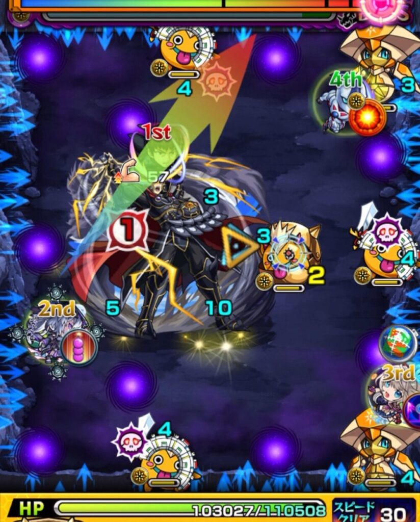 覇王十代【超究極】ボスステージ1の1手目。剣リンに触れて攻撃力を上げながら、右側のかちリンと剣リンの隙間を狙って弾いたが、狙いが外れて処理に失敗した場面。