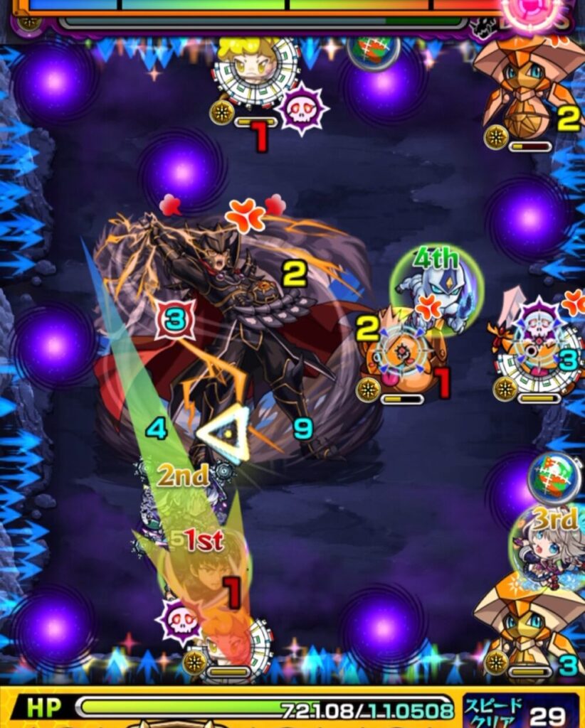 覇王十代【超究極】ボスステージ1の2手目。天使を倒してHWを展開しつつ、剣リンに触れて火力を上げ、右側のかちリンを処理した場面。