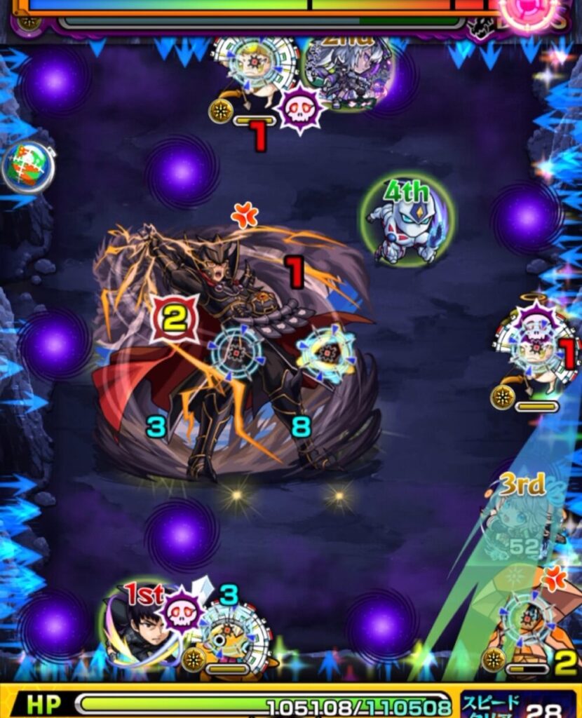 覇王十代【超究極】ボスステージ1の3手目。天使と剣リンに触れて火力を上げた後、ボスへ攻撃するもダメージが伸びず削りきれなかった場面。