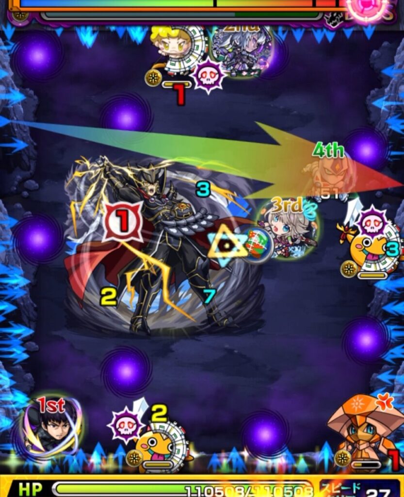 覇王十代【超究極】ボスステージ1の4手目。剣リンに触れて火力を上げ、ボスの弱点を攻撃しつつハンシャインを処理したシーン。