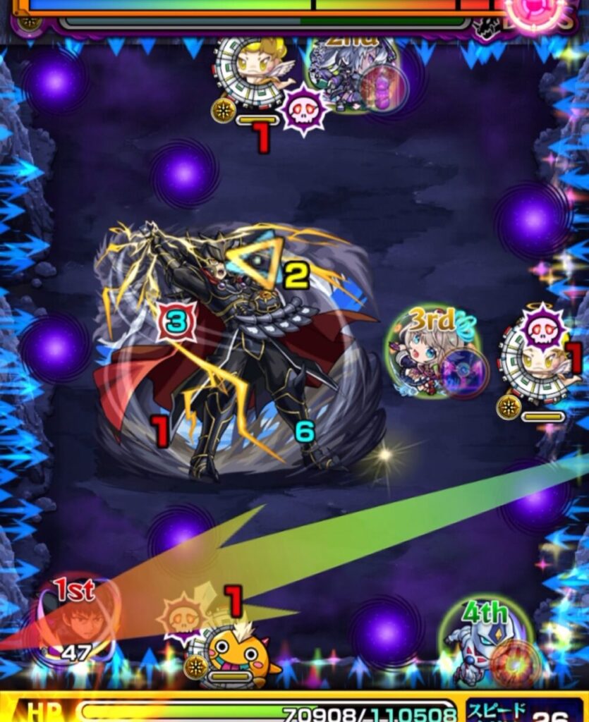 覇王十代【超究極】ボスステージ1の5手目。ディレクションガードの向きを調整し、剣リンを倒さずにボスへダメージを与えている場面。