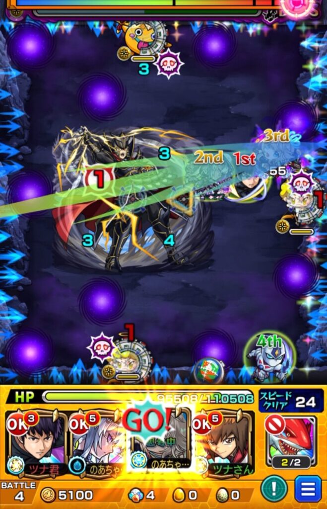 覇王十代【超究極】ボスステージ1・7手目。三途のSSで3壁反射し、剣リンを経由してボス弱点を攻撃し大ダメージを与えて突破した場面。