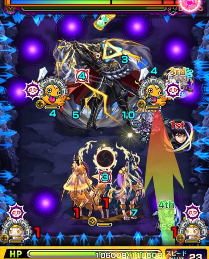 覇王十代【超究極】ボスステージ2・1手目。剣リン経由で攻撃力を上げ、中ボスと下壁のあいだを狙って弾き、中ボスの処理に成功した場面。