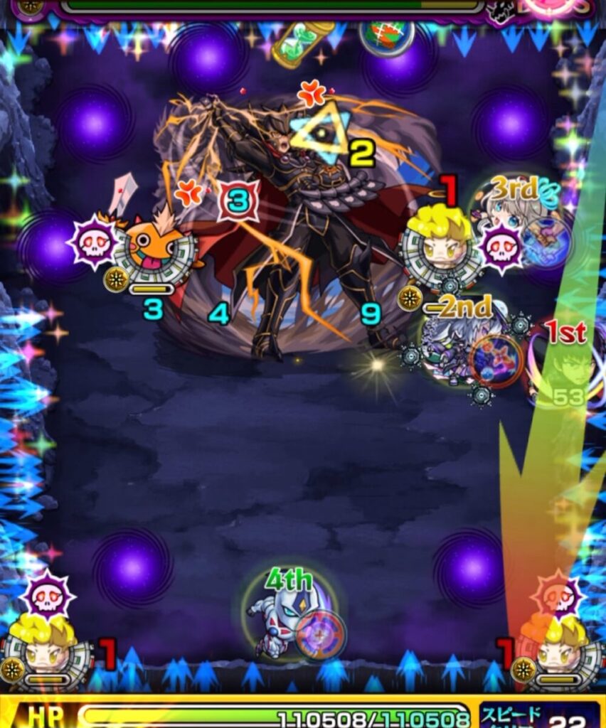 覇王十代【超究極】ボスステージ2・2手目。天使を処理してHWを展開し、剣リンにふれて攻撃力を上げながらボスにダメージを与えている場面。