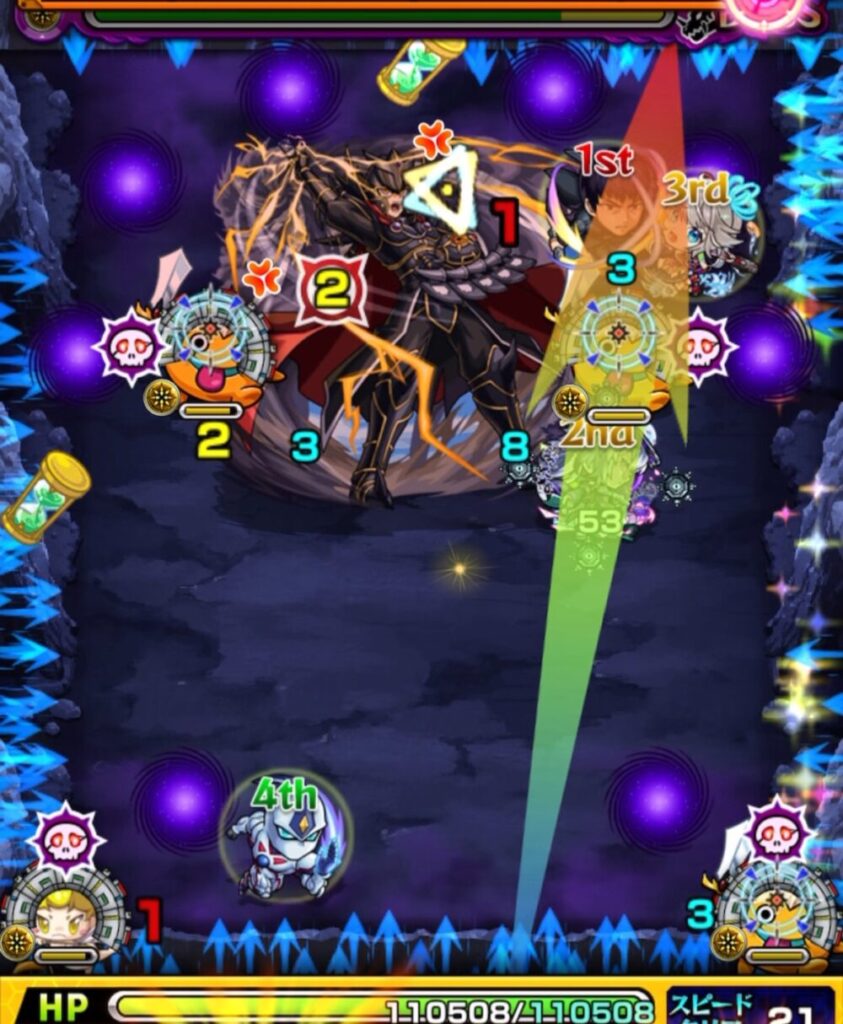 覇王十代【超究極】ボスステージ2・3手目。剣リンにふれて攻撃力を上げつつ、中ボスにダメージを与えている場面。