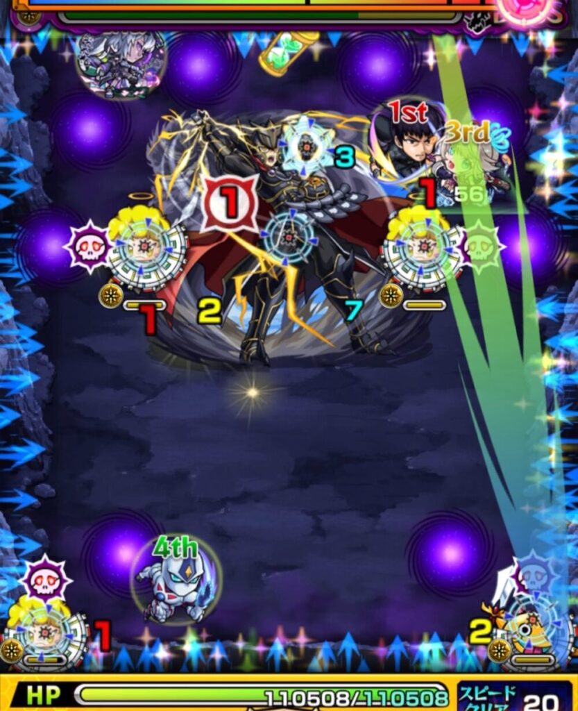 覇王十代【超究極】ボスステージ2・4手目。剣リンにふれて攻撃力アップを得てから、ボスの弱点へ攻撃してダメージを与えている場面。