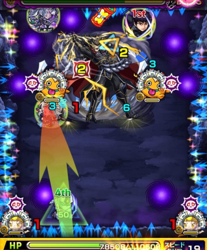 覇王十代【超究極】ボスステージ2・5手目。剣リンにふれて弱点を狙うが、ルートが合わずダメージを出せずに失敗した場面。