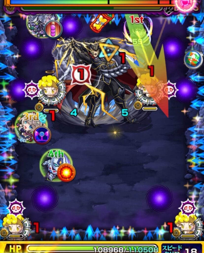 覇王十代【超究極】ボスステージ2・6手目。敵がすべて天使に変化して攻撃できないため、天使を処理して盤面を整えている場面。