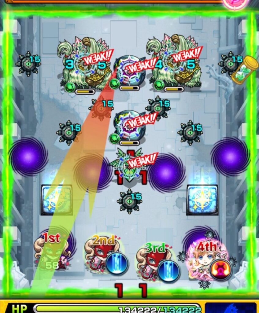 破界の星墓・パライソの星墓のステージ1。1手目でかちリンの隙間を狙って弾き、ヒーリングウォール展開を狙うも、挟まり切れず1体のみ処理した場面のスクリーンショット。