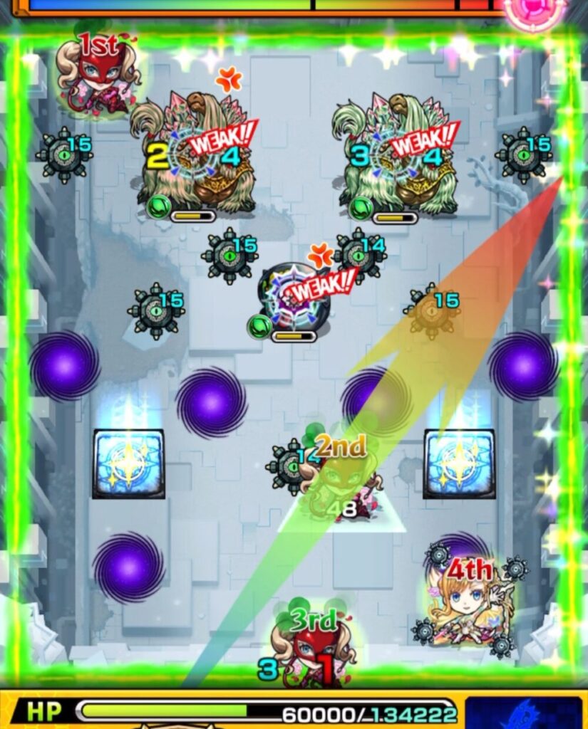 破界の星墓・パライソの星墓のステージ1。2手目は敵の攻撃が来ないターンを利用し、キャタピランにダメージを与えて進行を安定させている場面のスクリーンショット。