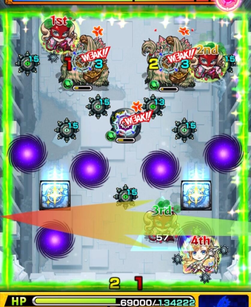 破界の星墓・パライソの星墓のステージ1。3手目でゆるい角度をつけて上方向に弾き、リセットパネルで狂化解除しながらヒーリングウォールで回復。結果的にかちリンの処理にも成功した場面のスクリーンショット。