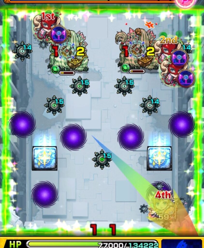 破界の星墓・パライソの星墓のステージ1。ワープ非対応のマナがランダムワープに吸われつつも、運良く右側のキャタピランを処理できた場面のスクリーンショット。