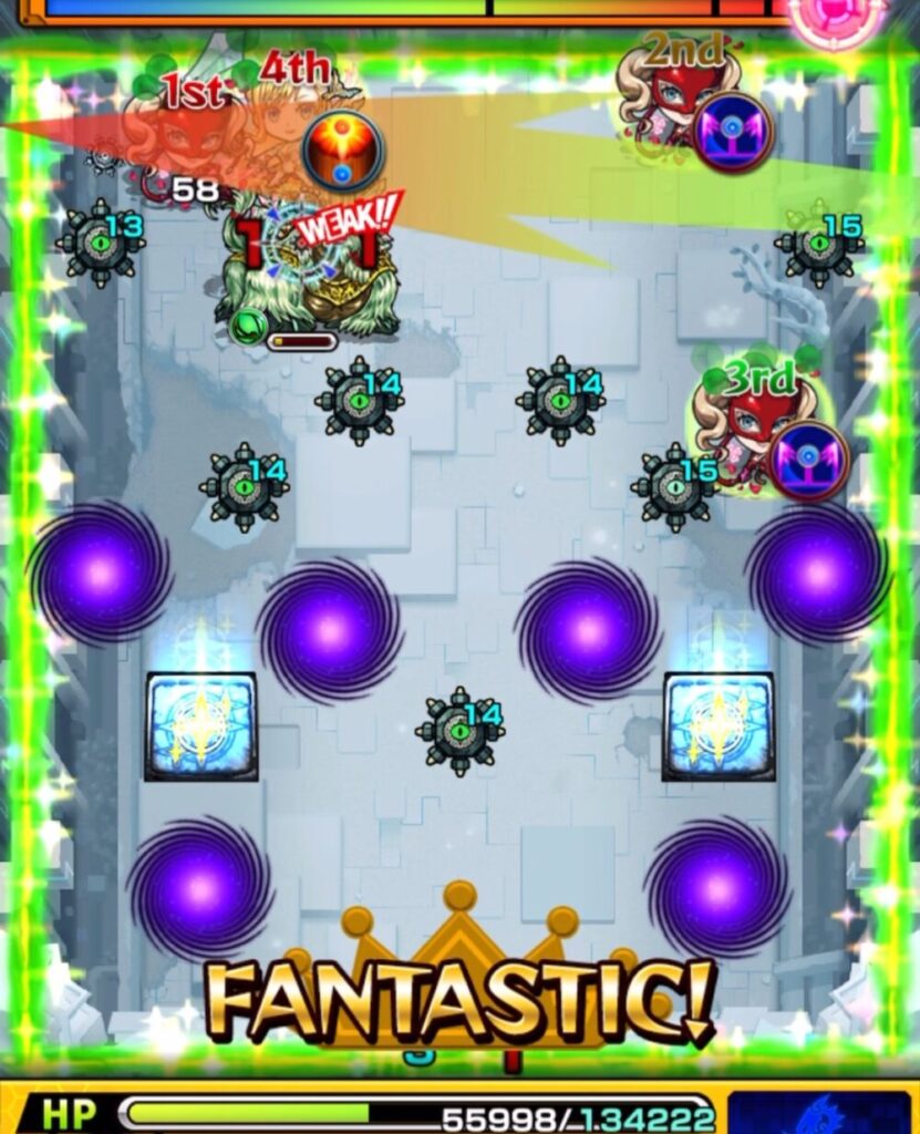 破界の星墓・パライソの星墓のステージ1。5手目でキャタピランを倒しながらリセットパネルで狂化を解除し、ヒーリングウォールで回復も行っている場面のスクリーンショット。