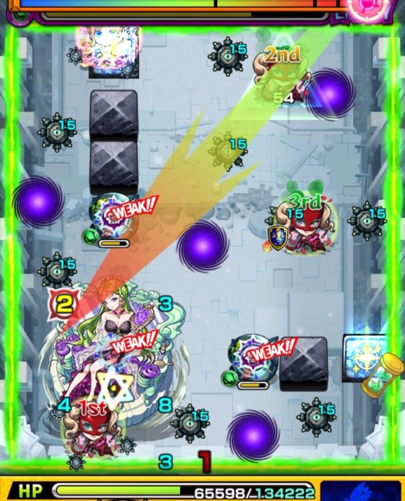 破界の星墓・パライソの星墓のステージ2。1手目でかちリンを処理し、ヒーリングウォールを展開させた場面のスクリーンショット。