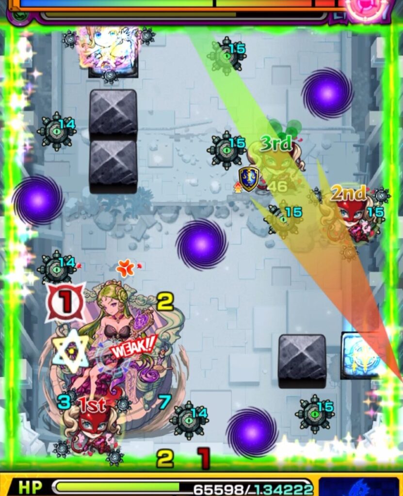 破界の星墓・パライソの星墓のステージ2。2手目でリセットパネルを踏んで狂化を解除し、次の中ボスの強攻撃に備えてヒーリングウォールで回復を優先している場面のスクリーンショット。