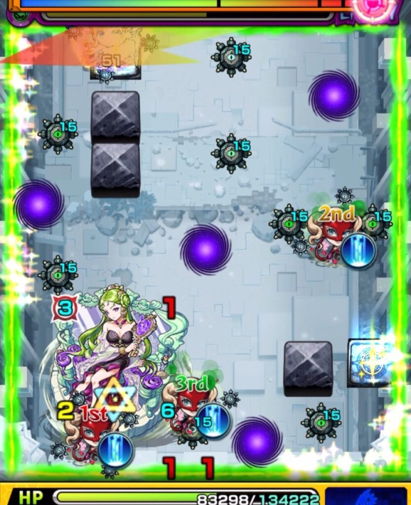 破界の星墓・パライソの星墓のステージ2。3手目のマナでブロックと壁のあいだを使った回復ルートを狙ったが、角度がずれて右側のワープに吸われ、回復に失敗した場面のスクリーンショット。