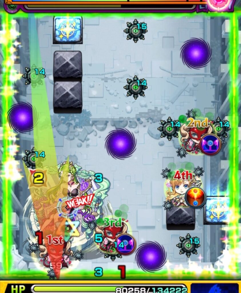 破界の星墓・パライソの星墓のステージ2。4手目で弱点が目の前に出ていたため、壁とのあいだでカンカンを仕掛けて大ダメージを与えた場面のスクリーンショット。