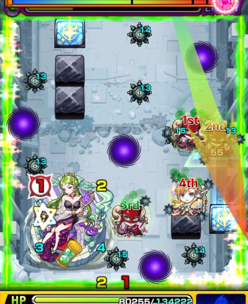 破界の星墓・パライソの星墓のステージ2。5手目でリセットパネルを踏んで狂化解除し、そのままヒーリングウォールで次の強攻撃に備えてHPを回復している場面のスクリーンショット。