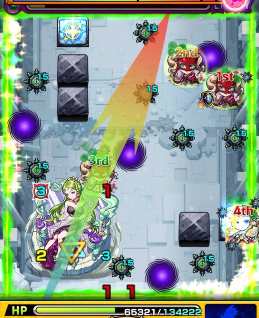 破界の星墓・パライソの星墓のステージ2。6手目でパンサーの友情を2体経由してダメージを与え、リセットパネルで狂化解除しながらヒーリングウォールで回復し、そのままステージ突破した場面のスクリーンショット。